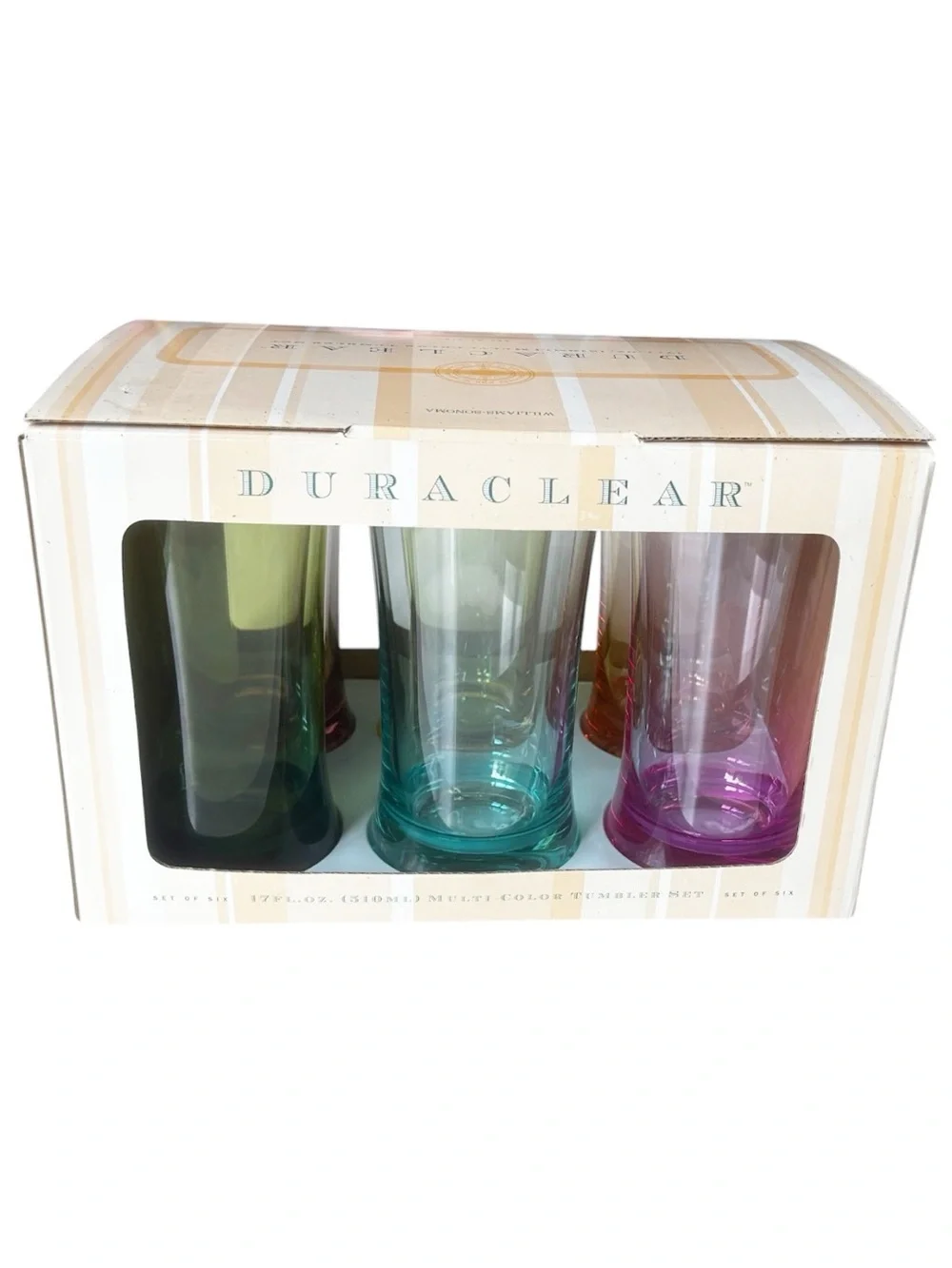 Williams-Sonoma vintage Duraclear 17 fl. Oz. Tumbler Multi-Color set of 6 NWT